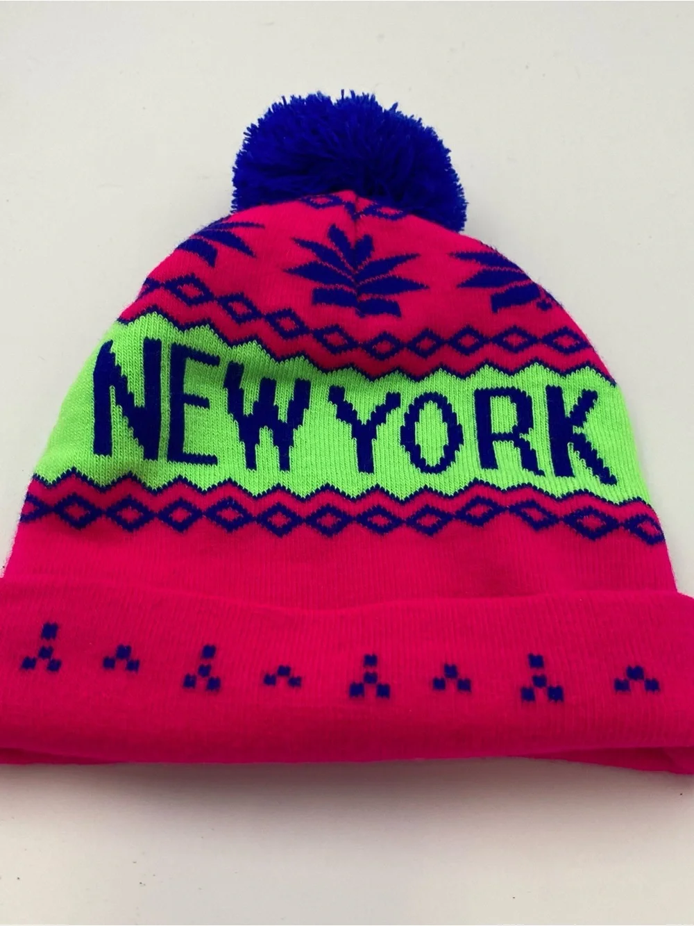 NEW YORK Kids Pom Pom Beanie - Neon Pink & Neon Green with Blue Pom